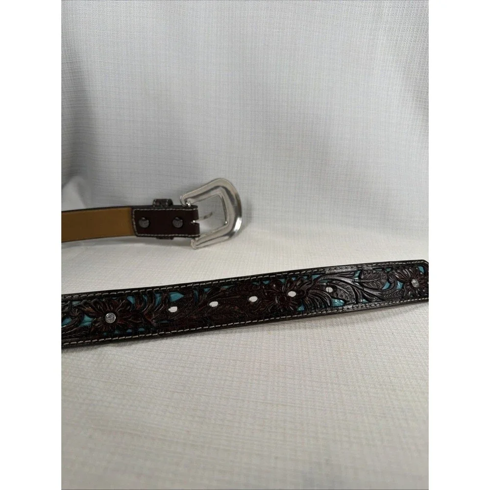 Ariat Womens Turquoise Inlay Floral Tooled Leather Belt Studded Western Buckle